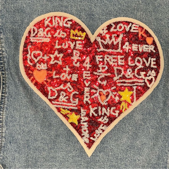 NWT Trucker ❤️ Sequin Heart Handmade One of a Kind Jean Jacket Petite - Picture 6 of 13